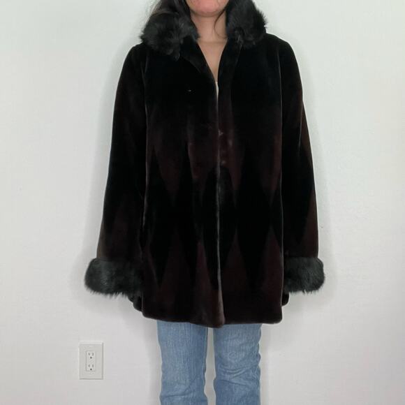 Nuage Dark Brown Black Faux Fur Hooded Coat w/ Trim Diamond Pattern Y2K - Picture 3 of 16